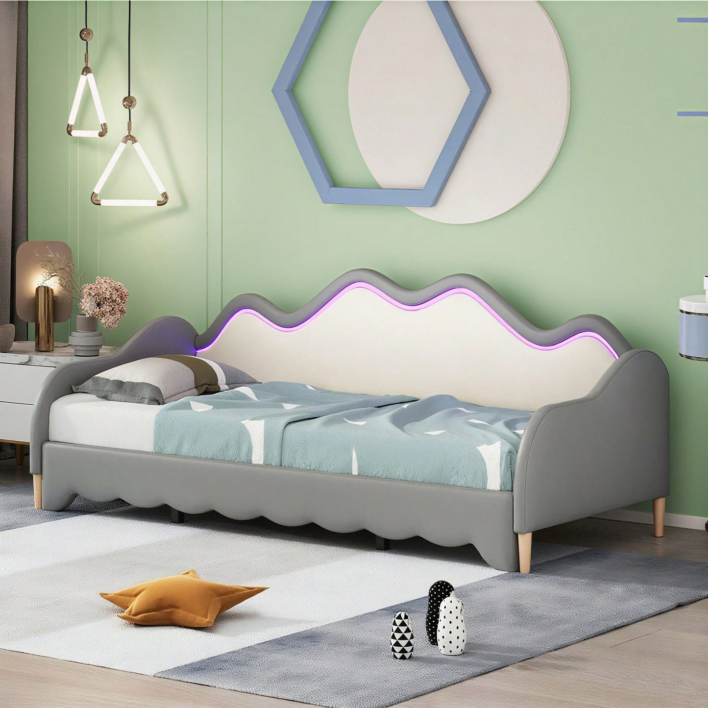 Polsterbett 90(180)*190cm, 2-in-1 Multifunktions-Schlafsofa, Kinderbett aus Kunstleder mit LED-Beleuchtung, mit Lattenrost, Grau