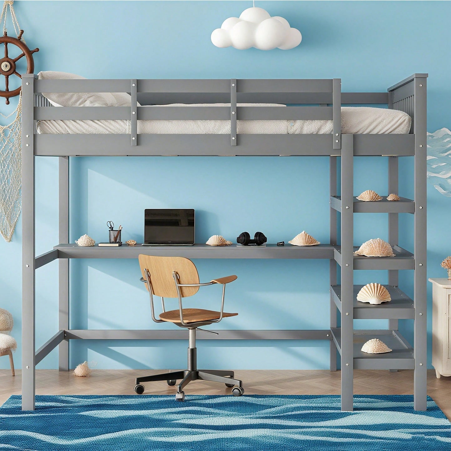 Hochbett, 140 x 200 ,Kinderhochbett mit Ablagefächern und Unterbettschreibtisch,Ohne Matratze, Grau