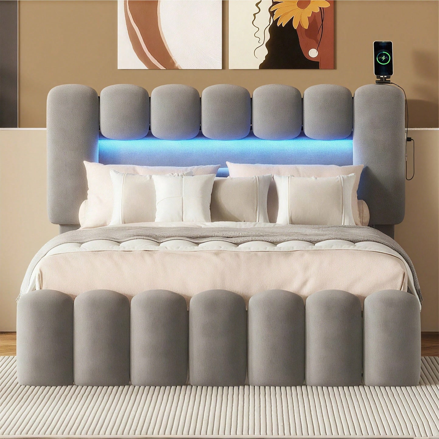 140 x 200 Polsterbett, Polsterbett mit 4 Schubladen, Polsterbet Bett mit LED-Lichtleiste mit USB und Stereoanlage, Beige
