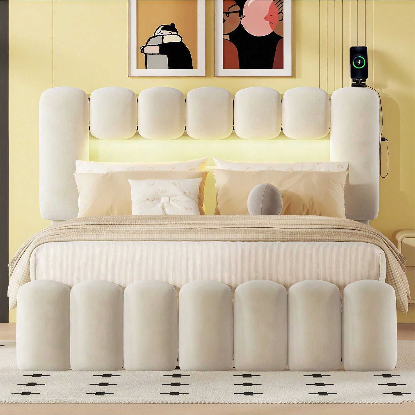 140 x 200 Polsterbett, Polsterbett mit 4 Schubladen, Polsterbet Bett mit LED-Lichtleiste mit USB und Stereoanlage, Beige