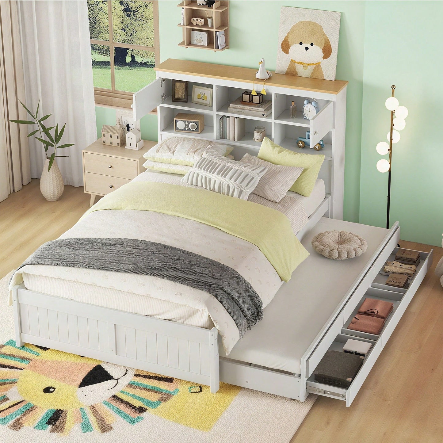 140*200cm Flachbett mit mehreren Staufächern am Kopfende des Bettes, ausgestattet mit ausziehbares Rollbett, drei Schubladen, weiß