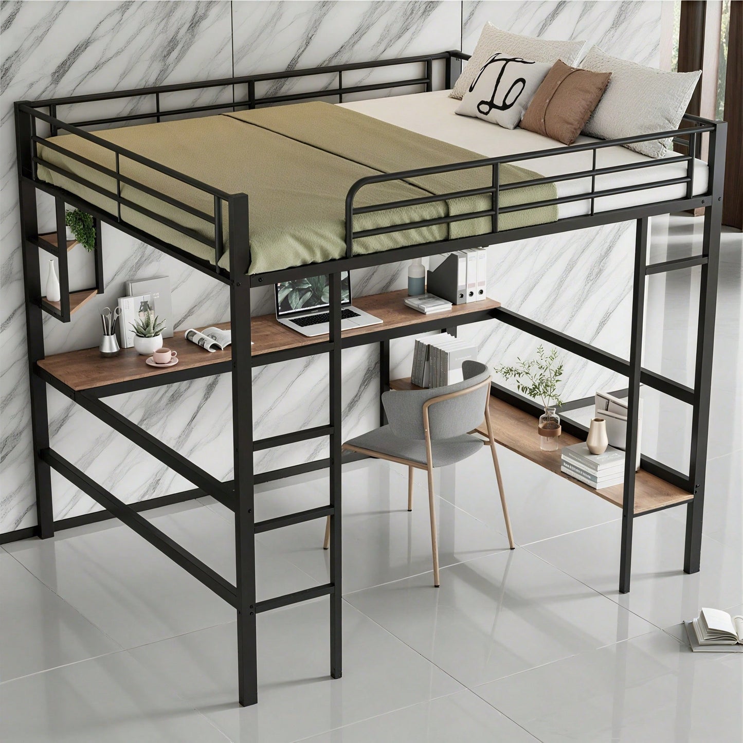 Hochbett, 140x200cm Bettgestell Metallbett, Eisenbett mit Schreibtisch, Ohne Matratze, Hochbett mit vier kleinen Regalen und einem großen Bücherregal für Kinder, Jugendliche und Erwachsene, Weiß