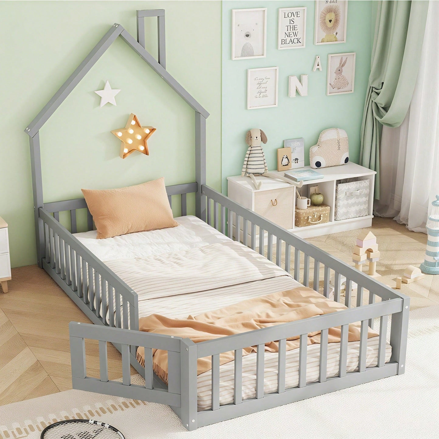 Hausbett, 90 x 200 cm, Kinderbett mit Schornsteinform, Bett mit Lattenrost (ohne Matratze), Kiefernholz, Minimalistischer Stil, Weiß