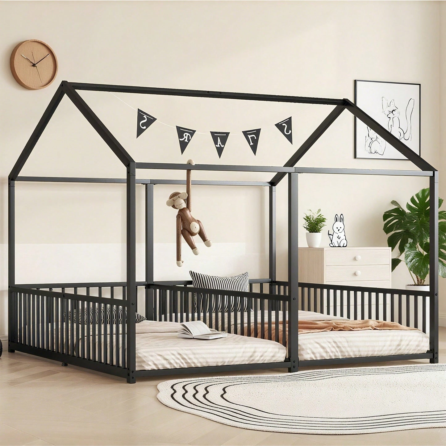 Metallbett, Kinderbett, 90*200cm , Ohne Matratze, Geländer, Leiter, Hausmodellierung, Doppelbett Design, Doppelbett, Eisenrahmen, Schwarz