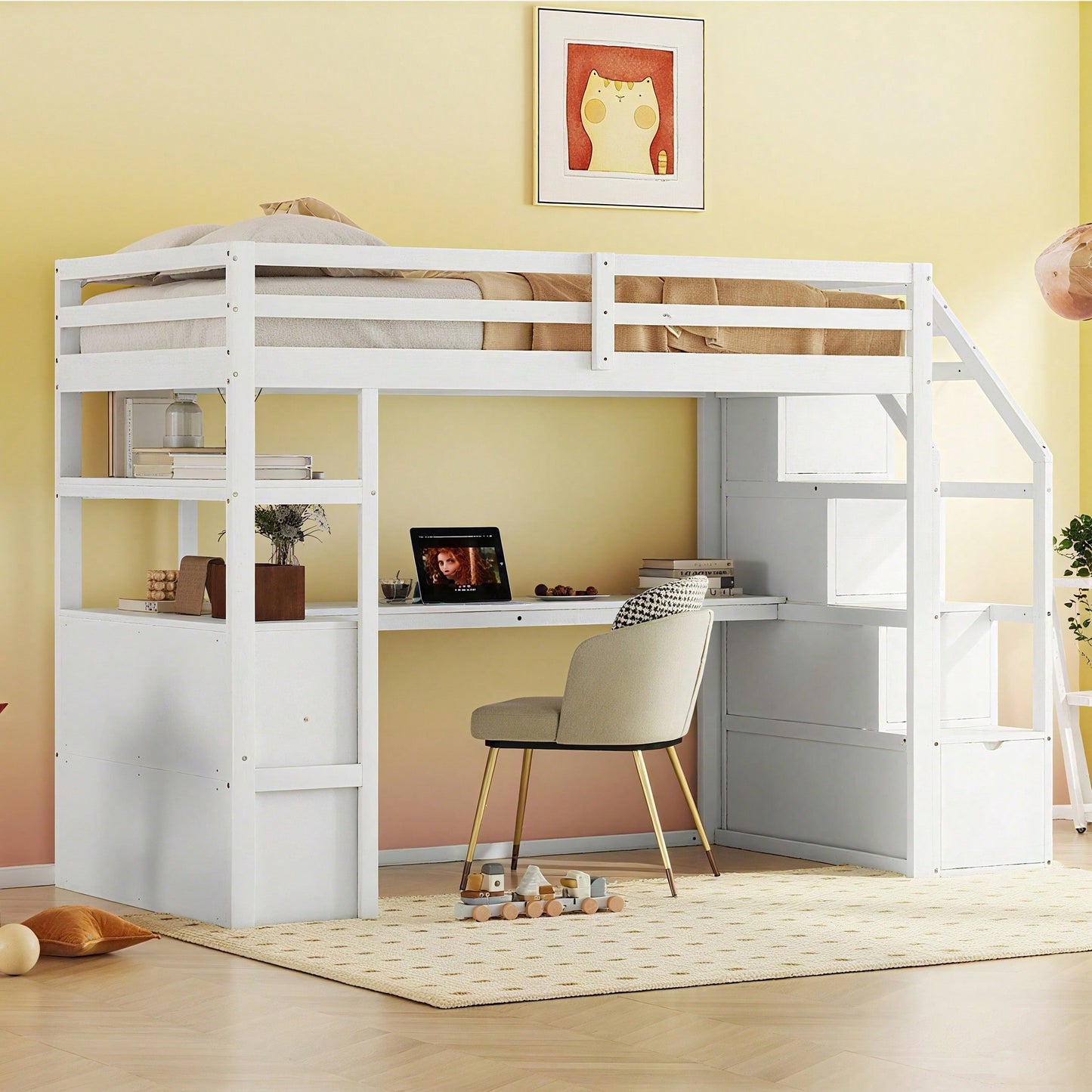 90*200cm, Hochbett, Bett und Tisch, Stauraumleiter, zwei Schubladen, weiß