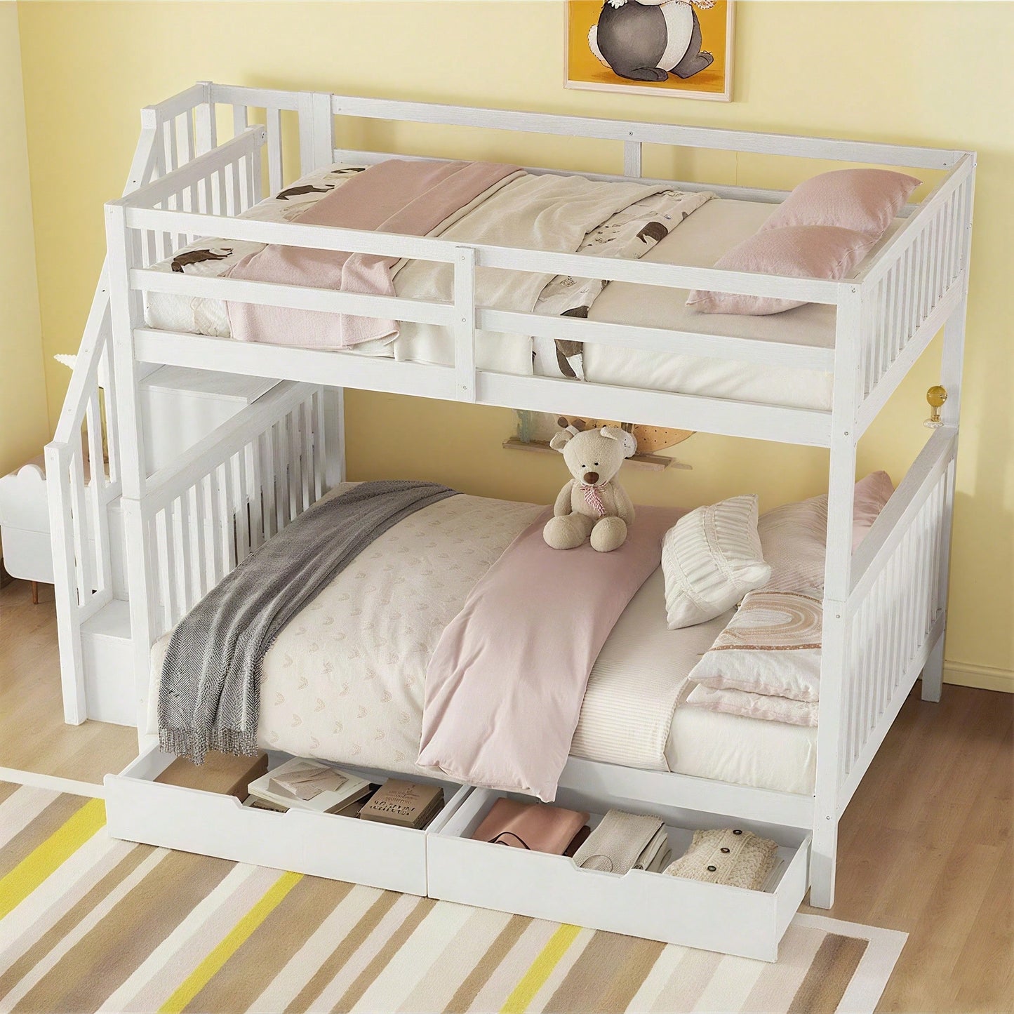 140*200cm Etagenbett, Treppenregal, ausgestattet mit zwei Schubladen, hohe Geländer, EN747-1 zertifiziert, weiß