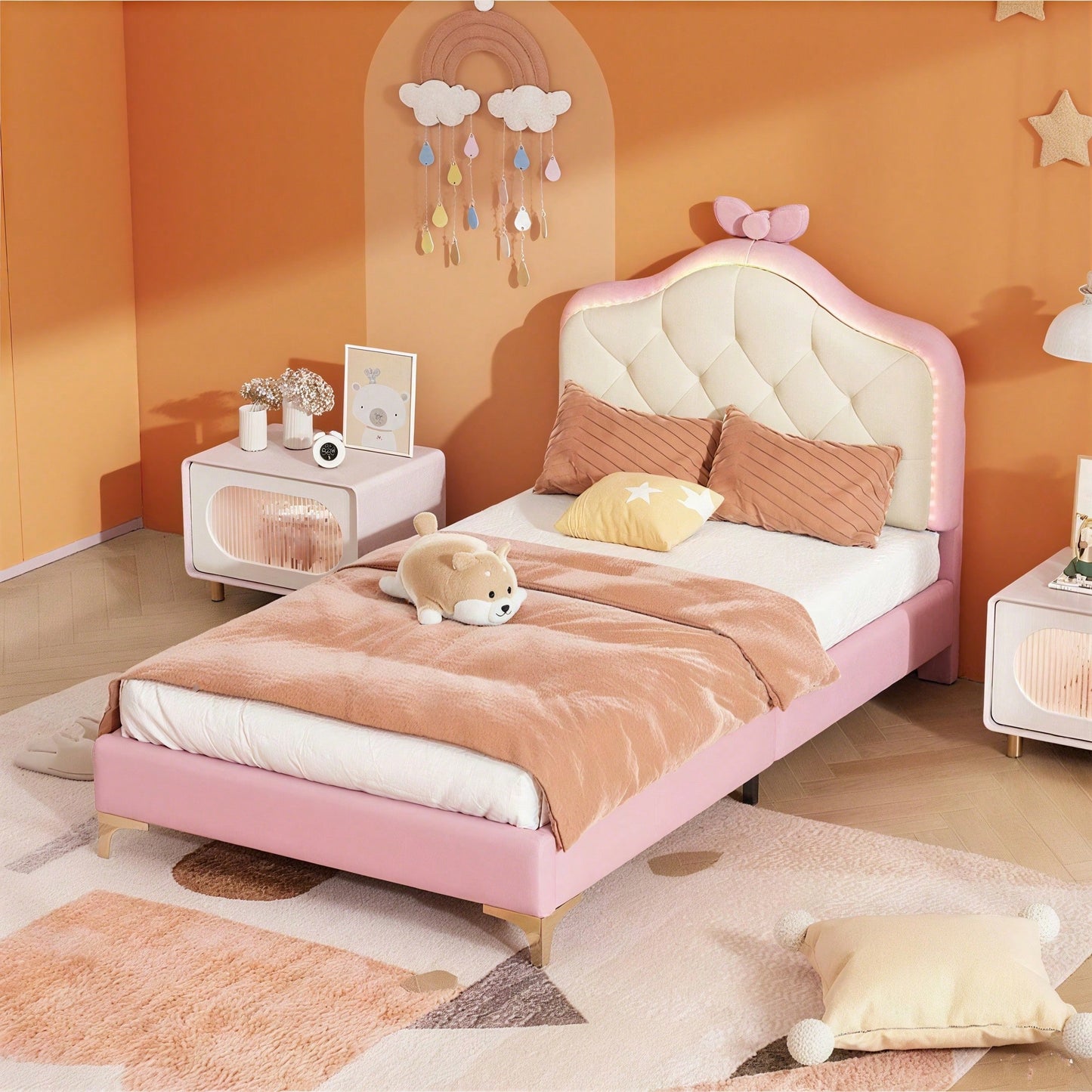 Polsterbett, Einzelbett, Wellenform mit Zugpunkt am Kopfende des Bettes, rosa Schleife, mit mehrfarbigen, wechselnden LED-Streifen, Kinderbett mit Holzlatten, Einzelbett, PU, rosa Bettrahmen, 90x200cm