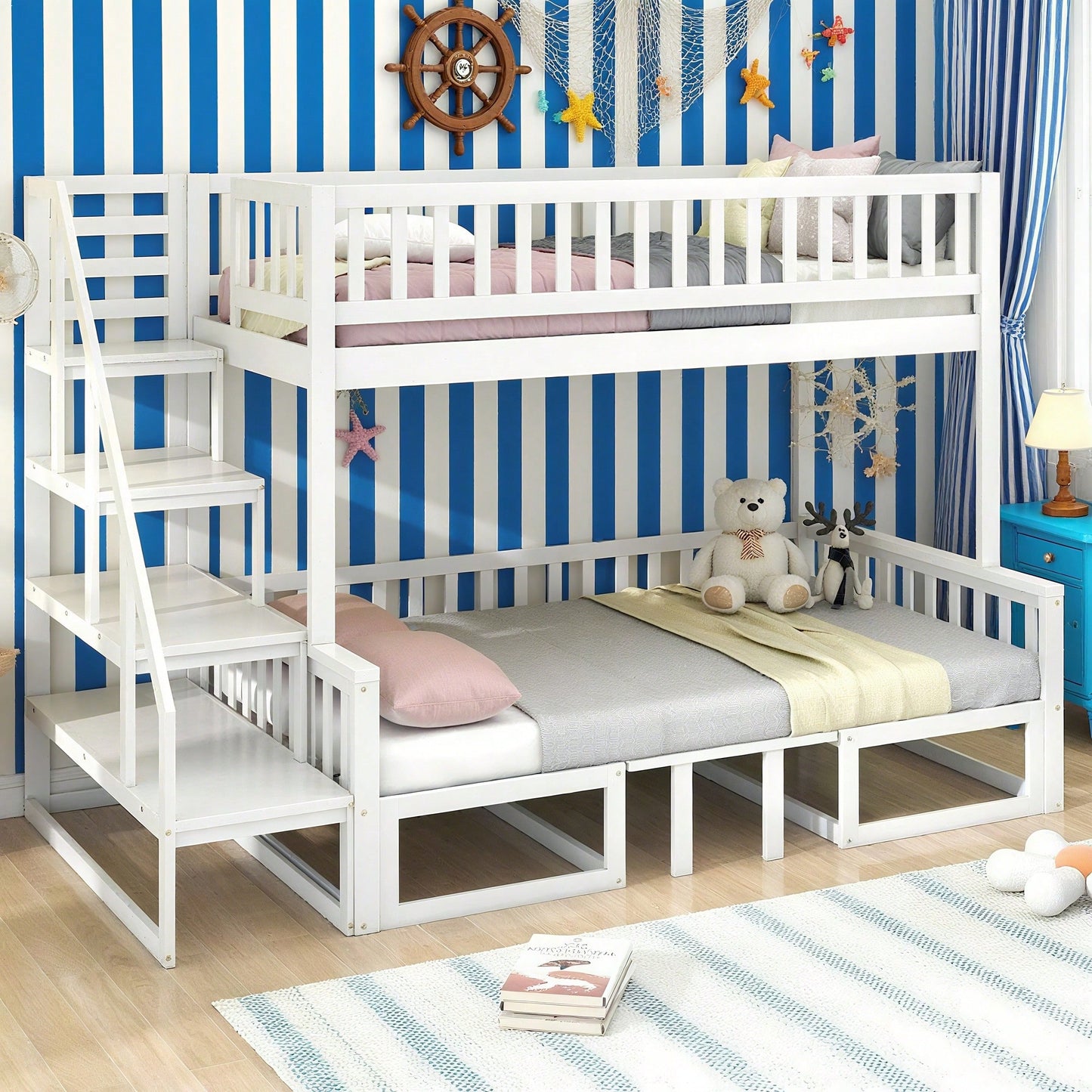 (29946123WAA)Platzsparendes Etagenbett mit Treppe, mit verstellbarem Tisch, mit Holzsofa, Robustes Kieferholzgestell, Weiß (90x200cm&120*200cm)