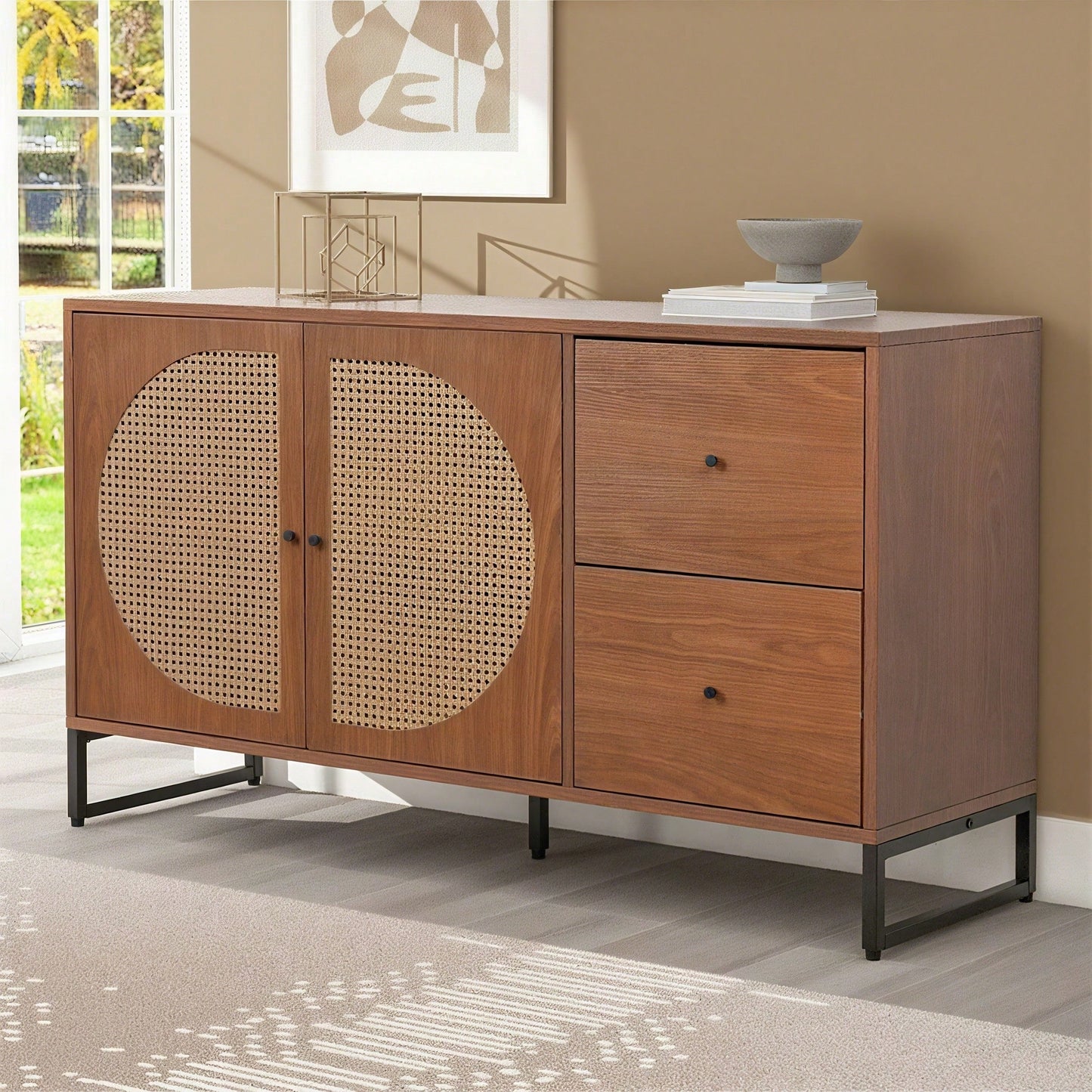 Sideboard mit 2 Rattan verzierten Türen und 2 Schubladen Kommode Küchenschrank, Mehrzweckschrank, Highboard mit Metallgriffe, für Schlafzimmer & Wohnräume & Büro