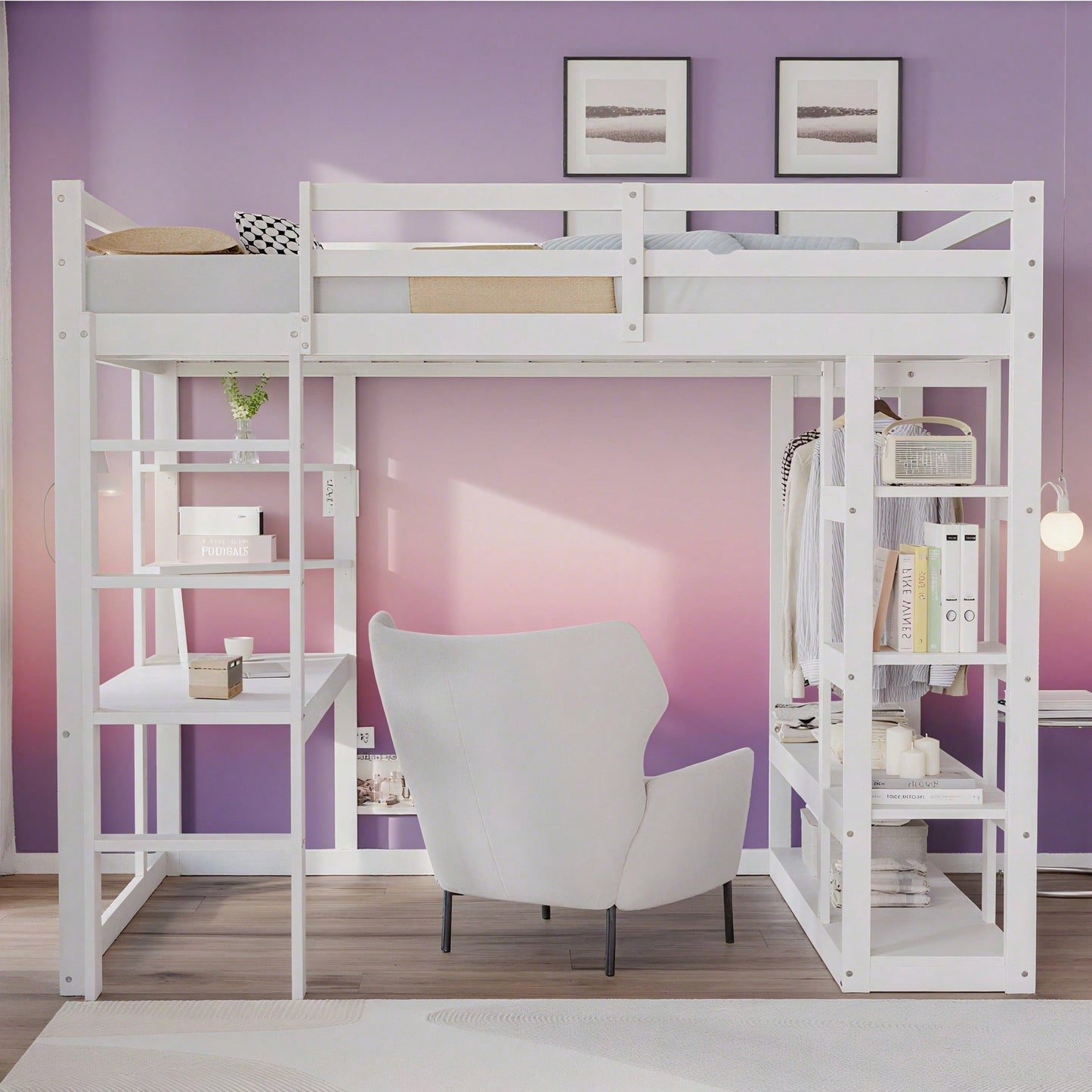 Massivholz-Hochbett 140x200 cm mit Schreibtisch & Regalen – Kinder-/Jugendbett in Weiß (inkl. Leiter, Ablageflächen & Aufhängungen) – Stilvolles Doppelbett mit Laminat-Oberflächen