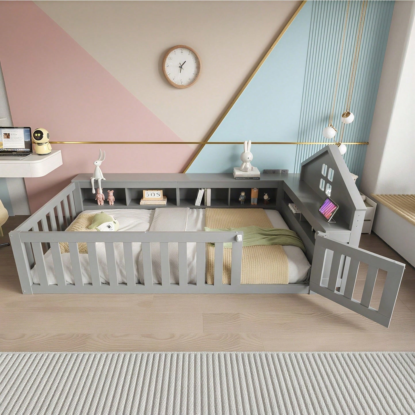 Massivholz-Kinderbett 90x200 cm in Weiß – Mit Dachleiste & Fenster – Praktisches Staufach & Sicherheitsgitter mit Tür – Rundum-Schutz & inkl. Lattenrost – Sicheres Einzelbett fürs Kinderzimmer