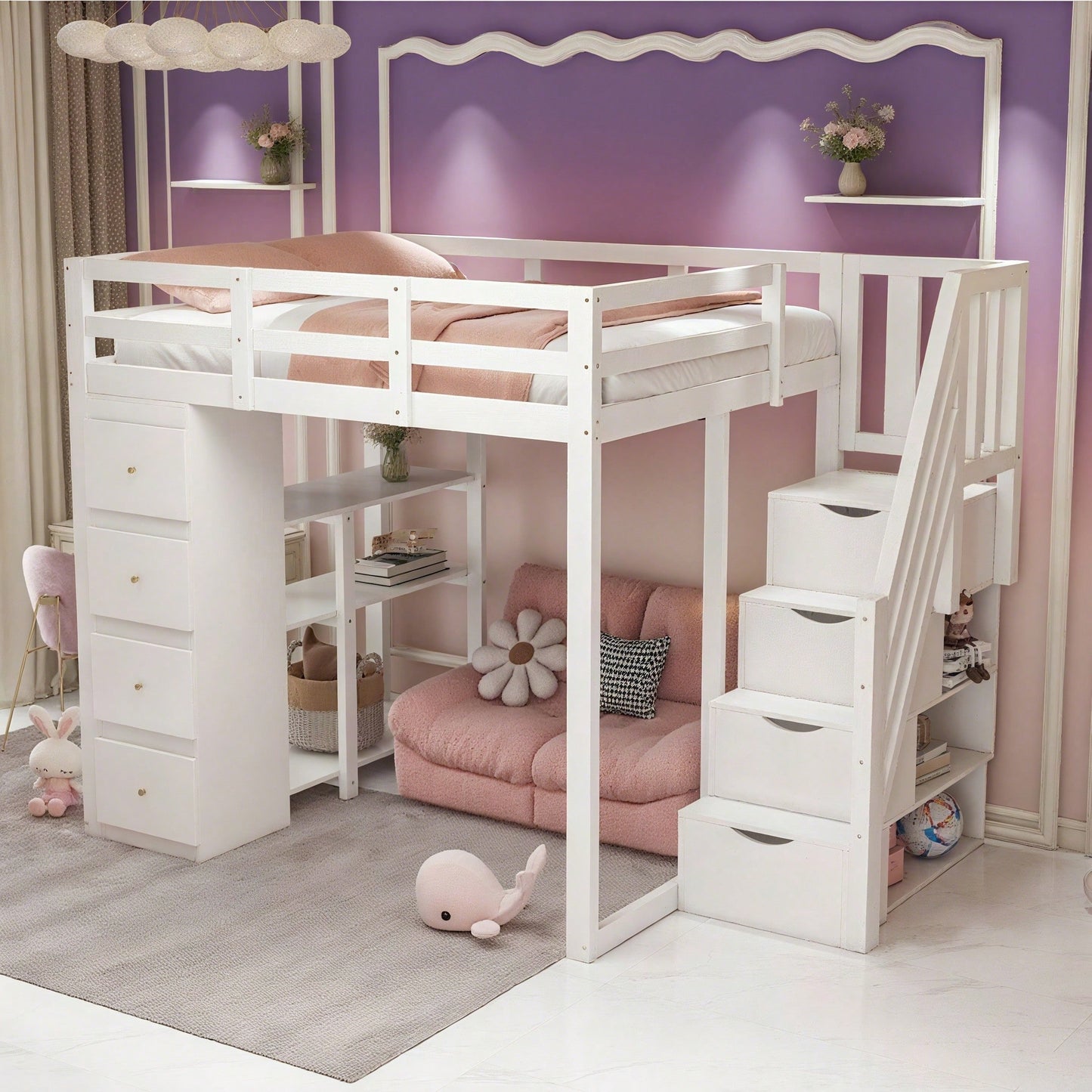 Massivholz-Hochbett 140x200 cm in Weiß - Mit integrierter Kommode & Aufbewahrungsschubladen - Sicherheits-Kletterleiter mit praktischen Staufächern - Multifunktionales Design mit Regalen - SKU: LDB00278AAK