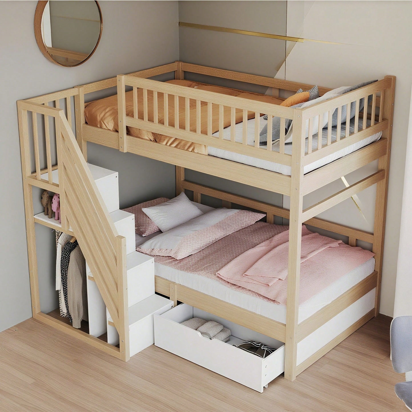 Massivholz-Etagenbett 90*200 cm - Mit hochwertigem Sicherheitsgitter, Lattenrost & praktischer Stauraumleiter - Inkl. Stauschubladen, graues Kinder- & Jugendbett (ohne Matratze)