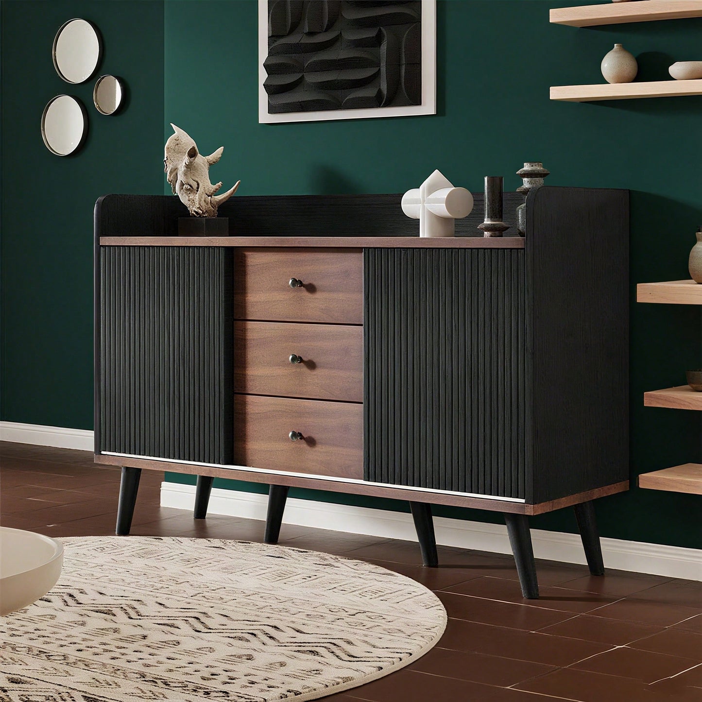 Sideboard mit drei Schubladen, exquisite Maserung. Sideboard für Schlafzimmer und Wohnzimmer, Moderne Holzfarbe-Sideboard mit Stauraumregalen. H80/L117,5/T40 cm