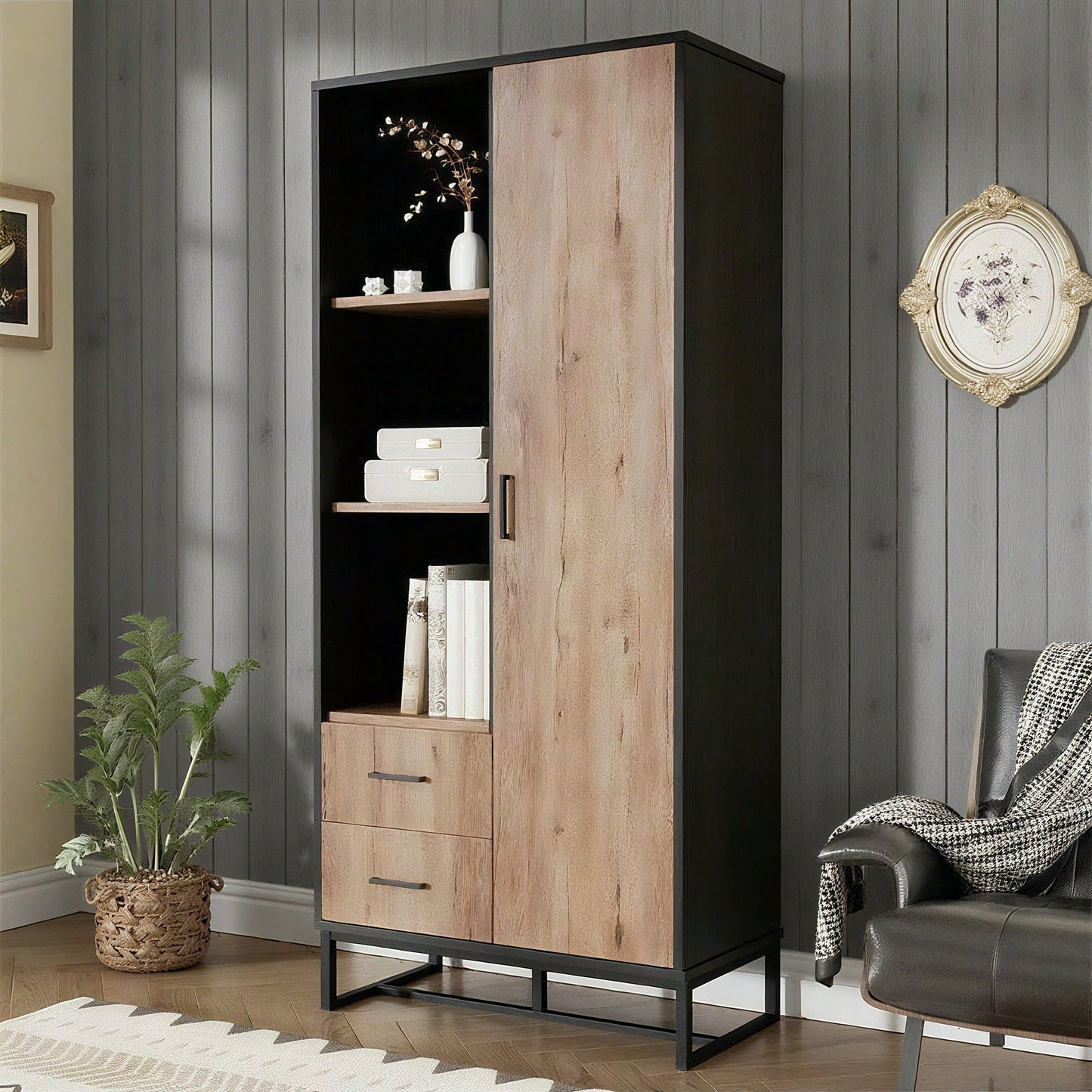 Moderner Highboard Schrank 80x40x180 cm – Holzoptik mit schwarzem Rahmen, mit Tür, 2 Schubladen & 3 offenen Fächern – Vielseitiger Stauraum für Wohnzimmer, Büro & Flur