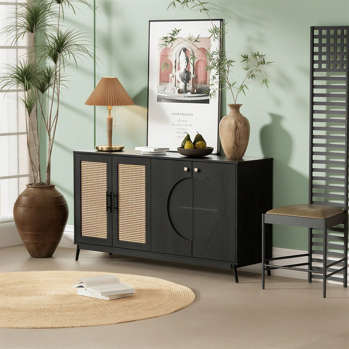 Sideboard mit Glastüren aus Rattan, halbrunde Tür, hochwertige Aufbewahrungsmöbel