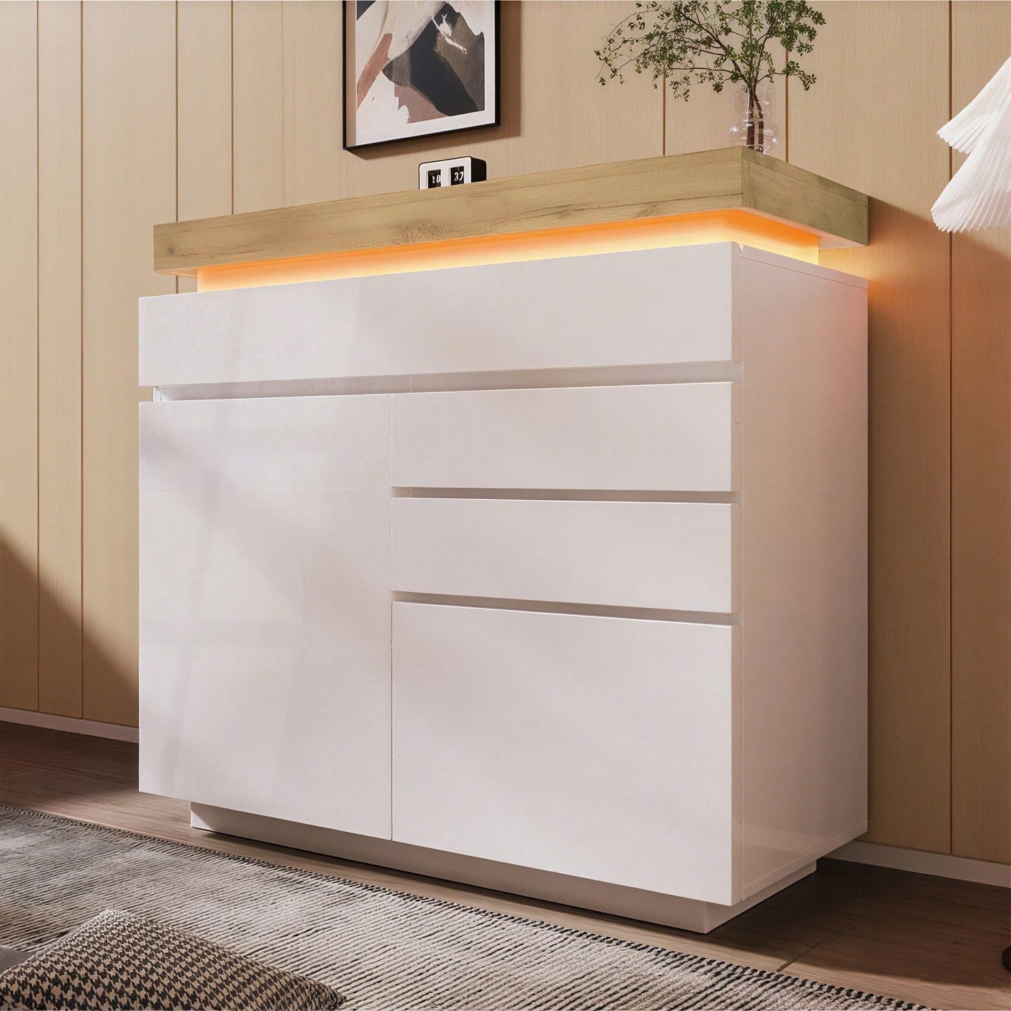 Kommode, Hochglanz Sideboard mit 2 Türen und 3 Schubladen, LED Beleuchtung (App Control), Mehrzweckschrank für Wohnzimmer und Schlafzimmer, 115 x 110 x 39 cm, Weiß