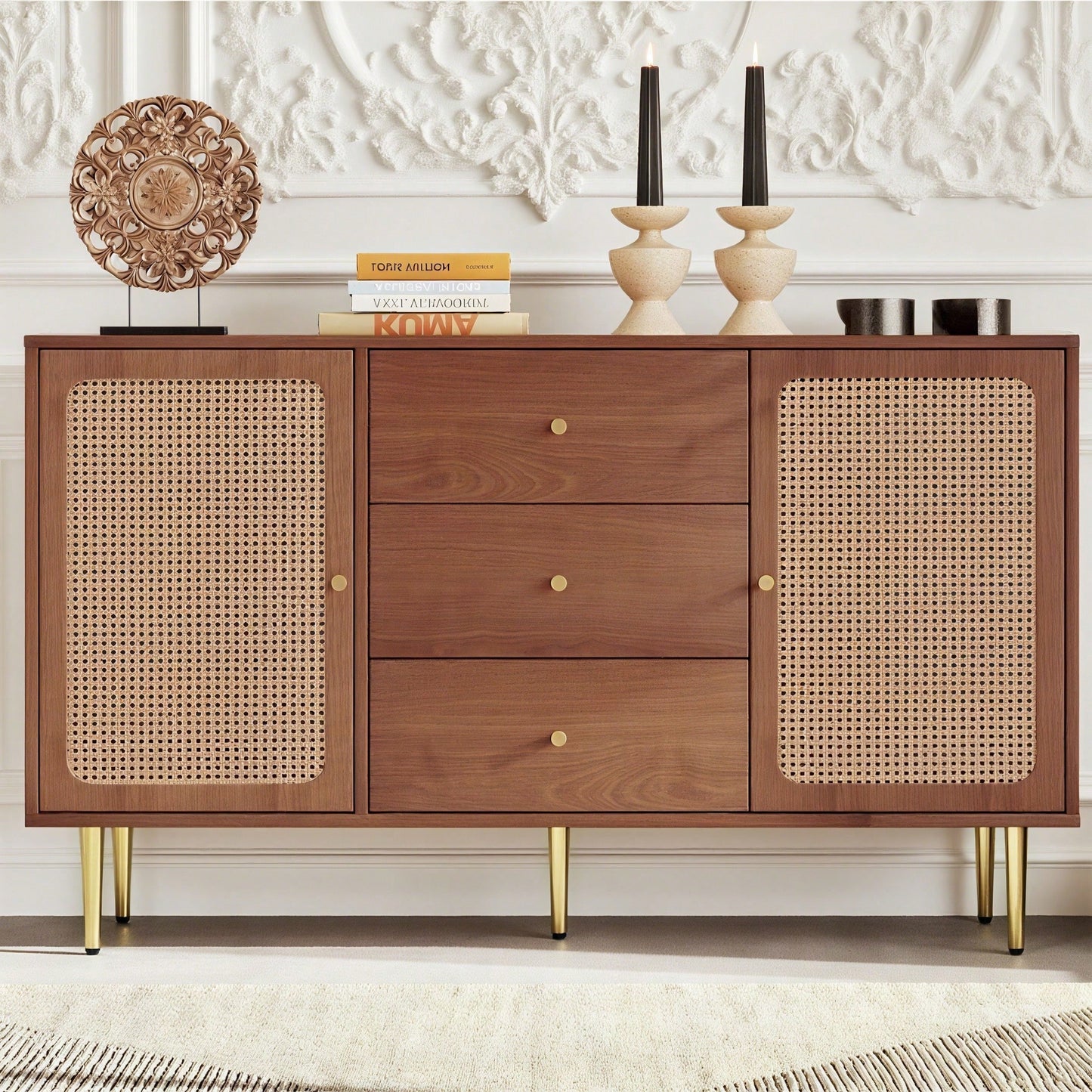 Kommode mit 2 Türen und 3 Schubladen, Rattan Türkommoden mit Schubkasten, Verstellbare Ablage, für Wohnzimmer Schlafzimmer, Nussbaum-H90/B150/T40 cm