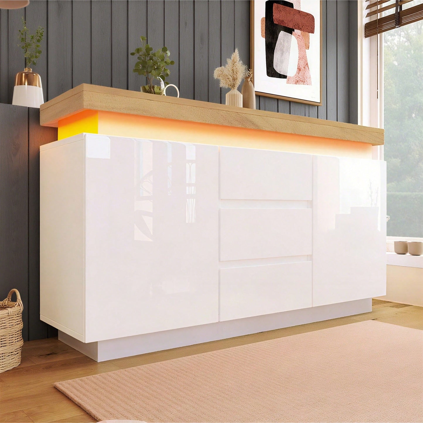 Kommode, Hochglanz Sideboard mit 2 Türen und 3 Schubladen, LED Beleuchtung (App Control), Mehrzweckschrank für Wohnzimmer und Schlafzimmer, 81 x 140 x 39 cm, Weiß