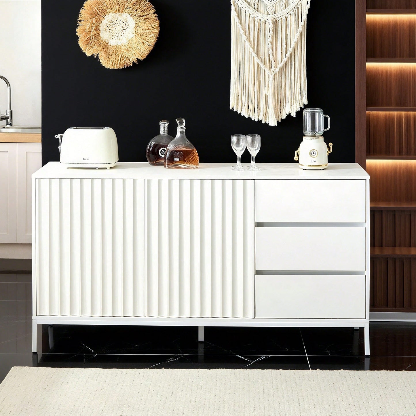 1.5m weißes modernes minimalistisches Sideboard, Aufbewahrungsschrank, Wellenmuster-Design, verstellbare Einlegeböden, 3 Schubladen, geeignet für Küche, Wohnzimmer, Korridor und andere Multi-Szene