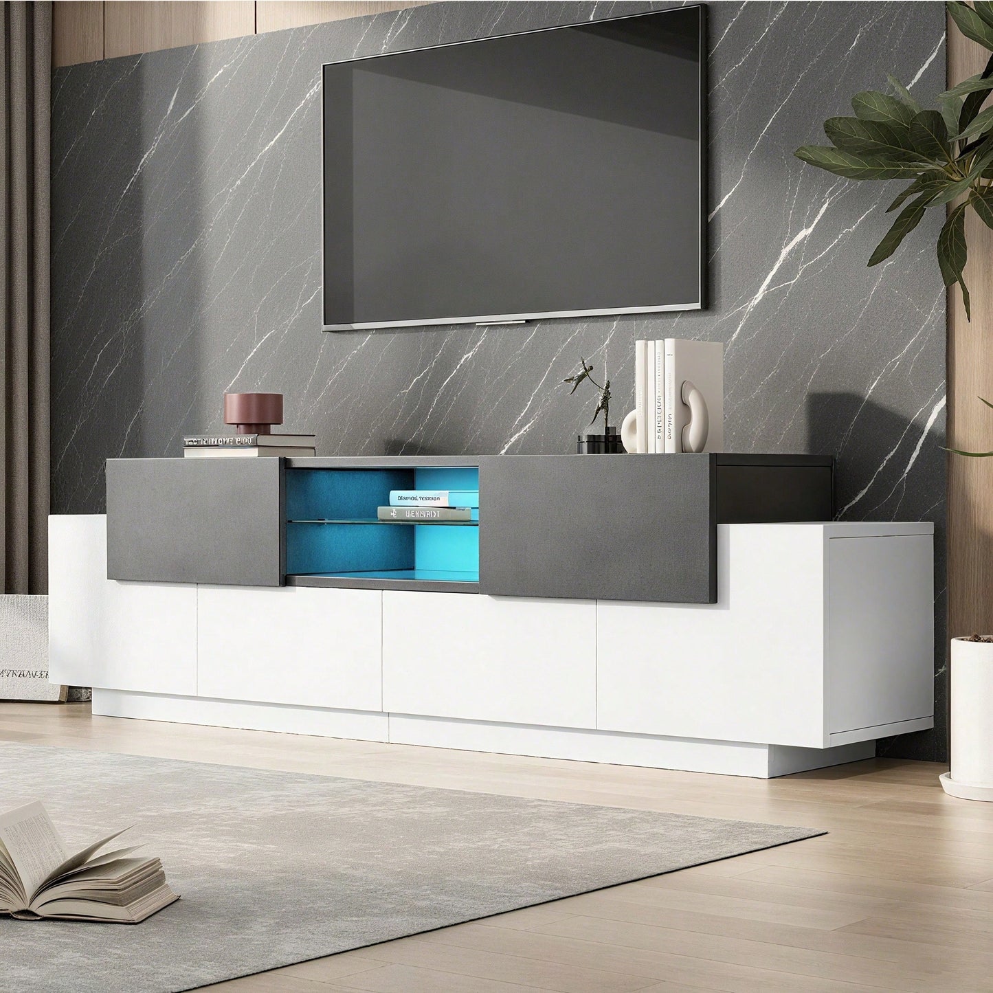 LED TV Schrank, TV-Kommode, Lowboard, Modernes TV-Unterhaltungszentrum mit Glasböden für Wohnzimmer, Schlafzimmer, TV-Konsole mit Lagerung, Gaming Media Cabinet für 80/75/70/65/55 Zoll TVs Weiß+Grau