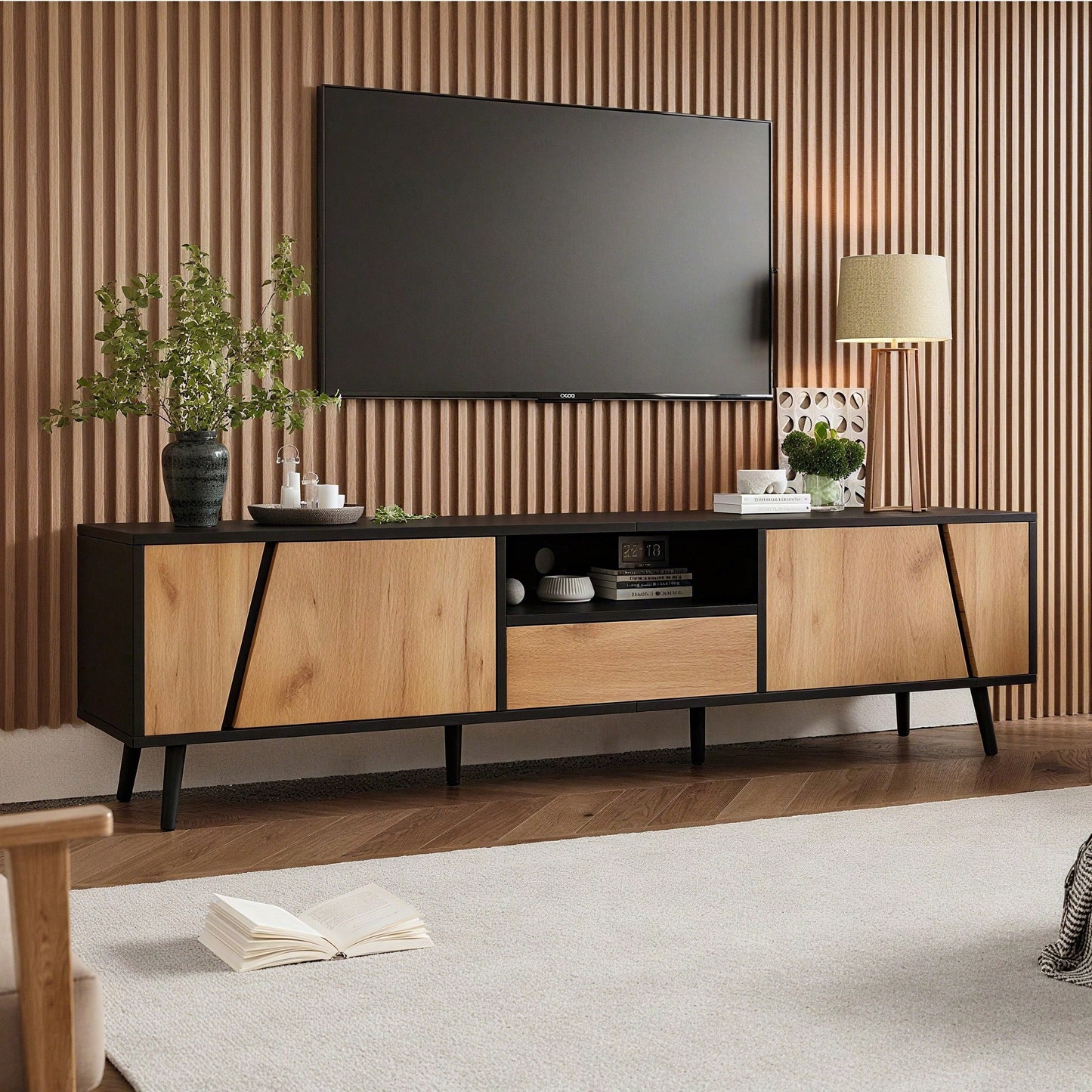 TV-Lowboard 180x40x46 cm – Moderner TV-Schrank mit 2 Schubladen & Schränken – Massivholz-Konsole mit 6 Stützbeinen, minimalistisches Design für 75-Zoll-Fernseher (Wohnzimmer-Möbel)