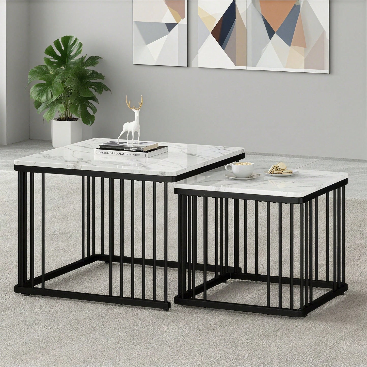 Stilvolles 2-teiliges Couchtisch-Set, quadratische Tische in 60*60*45cm & 45*45*40cm, hochglänzende Marmoroptik, höhenverstellbare Füße, bis 30kg belastbar,Hochglanz-Kombi-Couchtisch