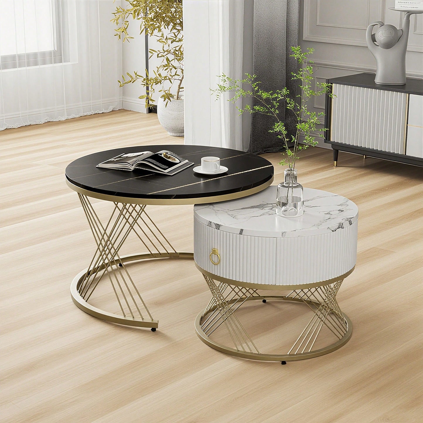 Eleganter zusammensetzbarer Couchtisch: Marmoroptik, Golddekor, Beistelltisch mit Schubladen – 2er-Set