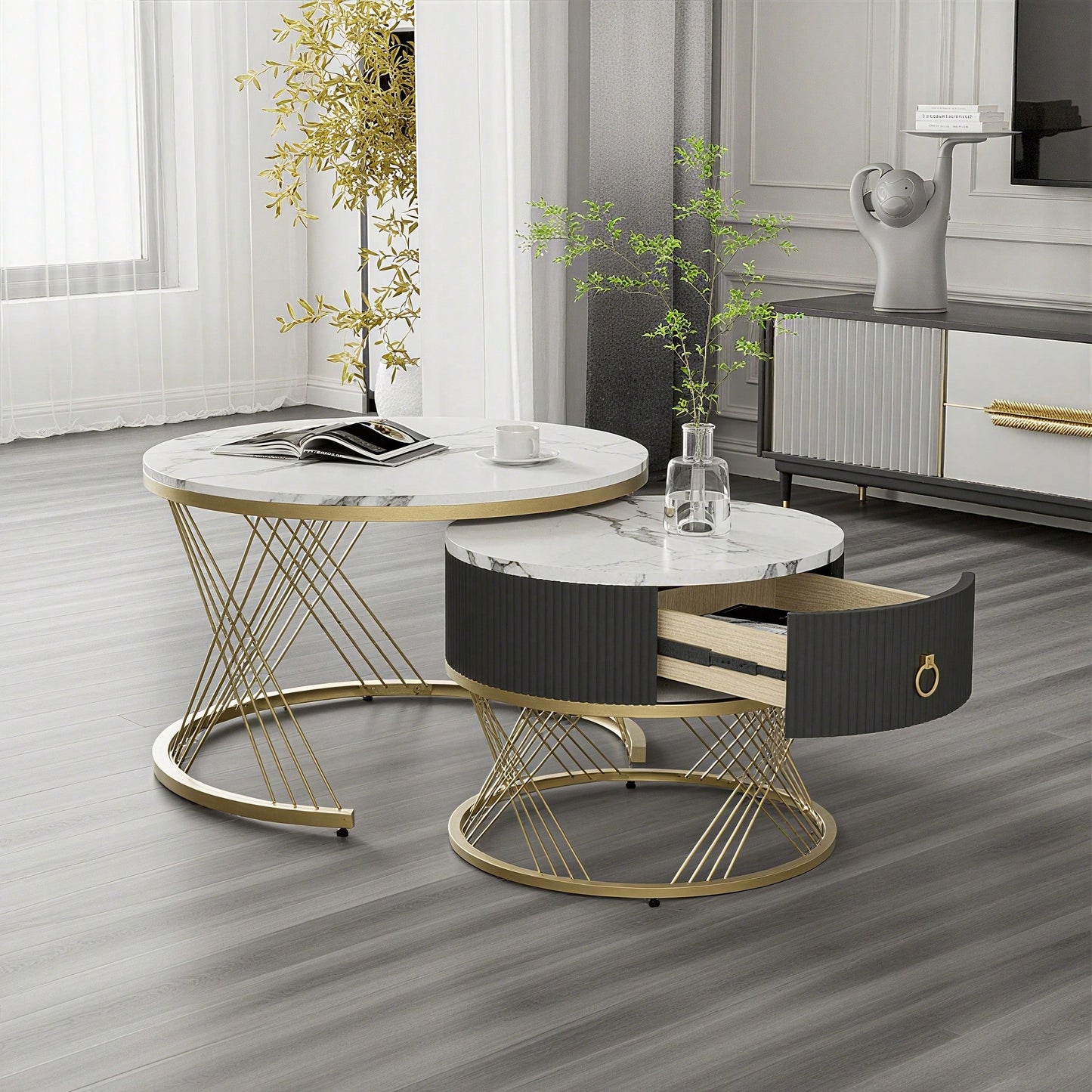 Eleganter zusammensetzbarer Couchtisch: Marmoroptik, Golddekor, Beistelltisch mit Schubladen – 2er-Set