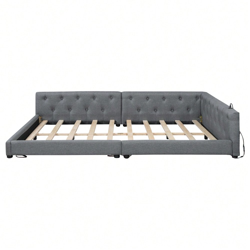(=WX001034AAE)Schlafsofa, Daybett, Tagesbett, 140x200cm, Schlafsofa mit Lattenrost (ohne Matratze), Ambientebeleuchtung mit Fernbedienung, Kopfteil mit Knopftuft, Usb+Typ-c, Leinen, Grau