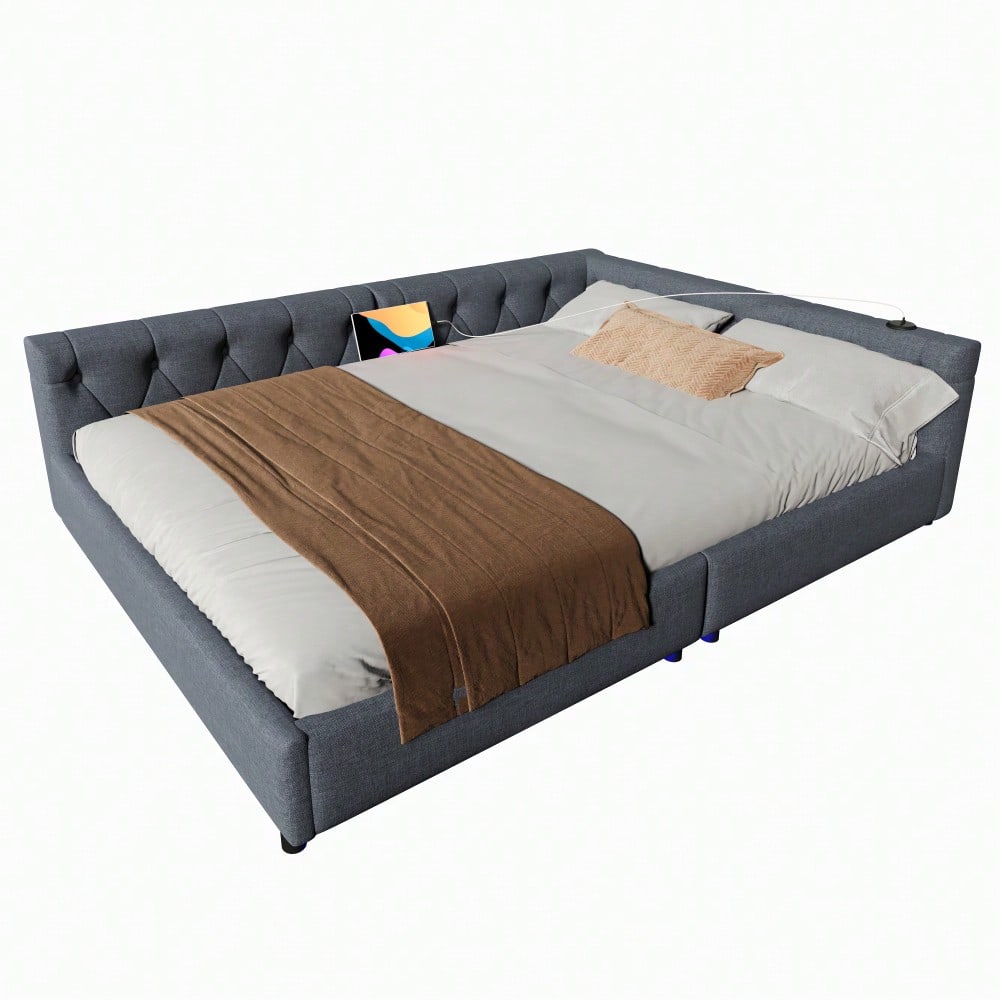 (=WX001034AAE)Schlafsofa, Daybett, Tagesbett, 140x200cm, Schlafsofa mit Lattenrost (ohne Matratze), Ambientebeleuchtung mit Fernbedienung, Kopfteil mit Knopftuft, Usb+Typ-c, Leinen, Grau