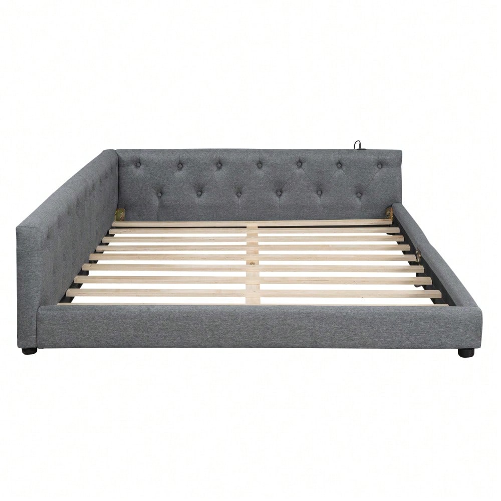 (=WX001034AAE)Schlafsofa, Daybett, Tagesbett, 140x200cm, Schlafsofa mit Lattenrost (ohne Matratze), Ambientebeleuchtung mit Fernbedienung, Kopfteil mit Knopftuft, Usb+Typ-c, Leinen, Grau