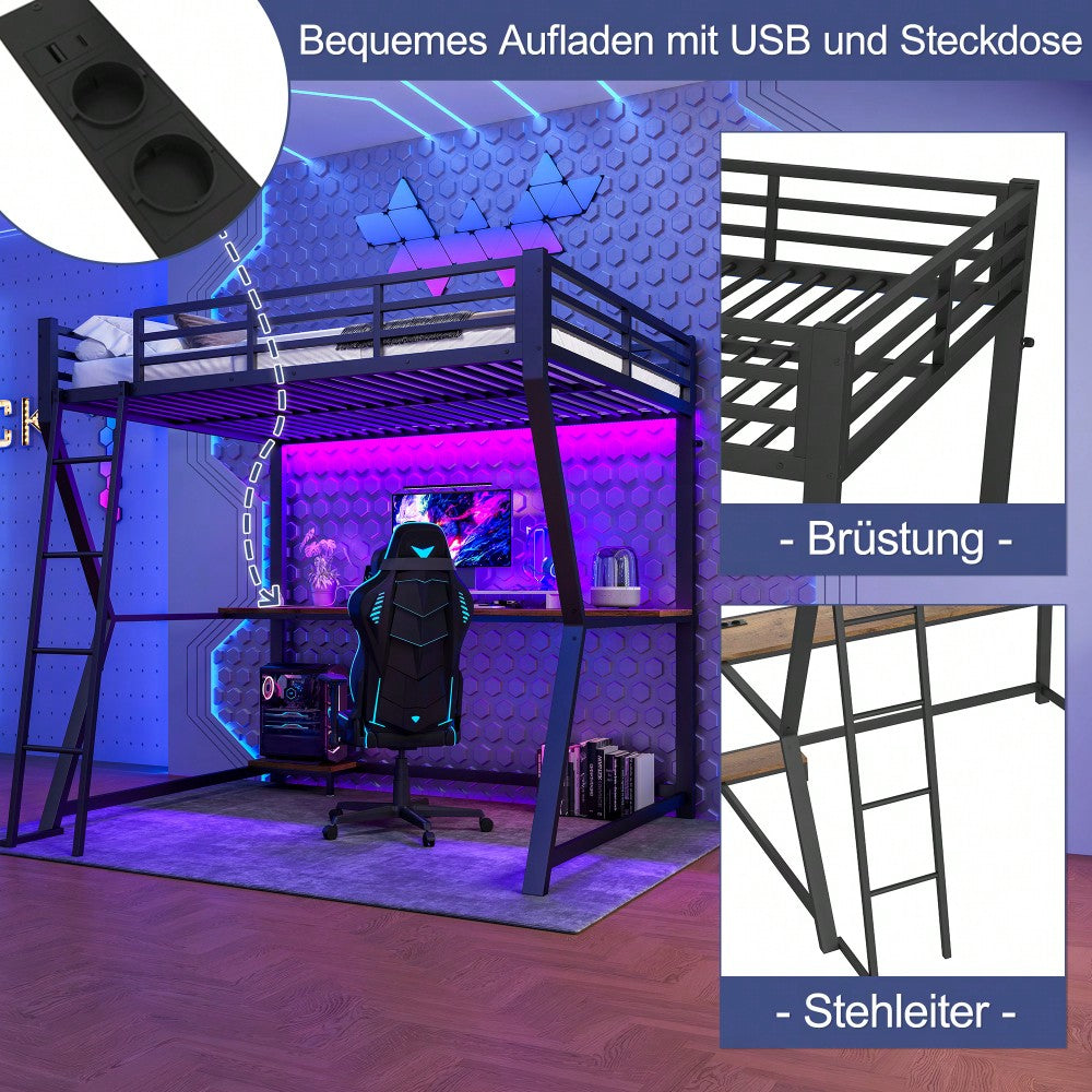 Hochbett, 140*200cm , Mit LED-Leuchten, Computerkonsolenablage, Schreibtisch, Steckdose+USB, Geländer, Treppe, ohne Matratze, Schwarz