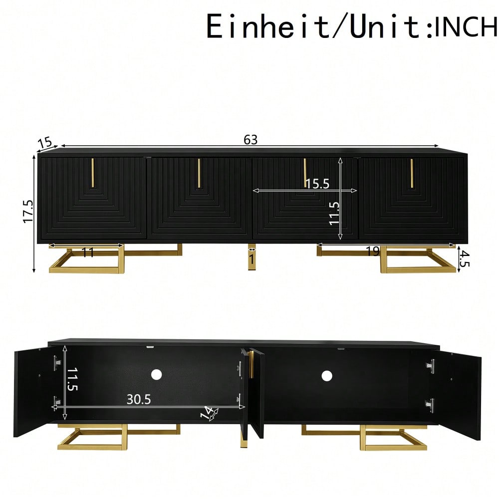 TV-Schrank, Lowboard mit strukturierten Türen, TV-Möbel, goldene Griffe und goldene Beine