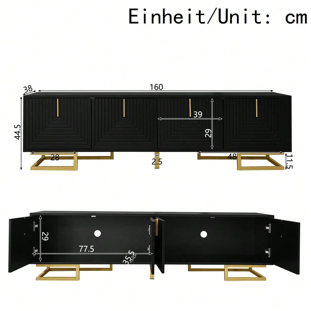 TV-Schrank, Lowboard mit strukturierten Türen, TV-Möbel, goldene Griffe und goldene Beine