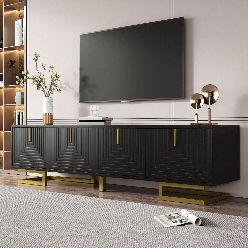 TV-Schrank, Lowboard mit strukturierten Türen, TV-Möbel, goldene Griffe und goldene Beine