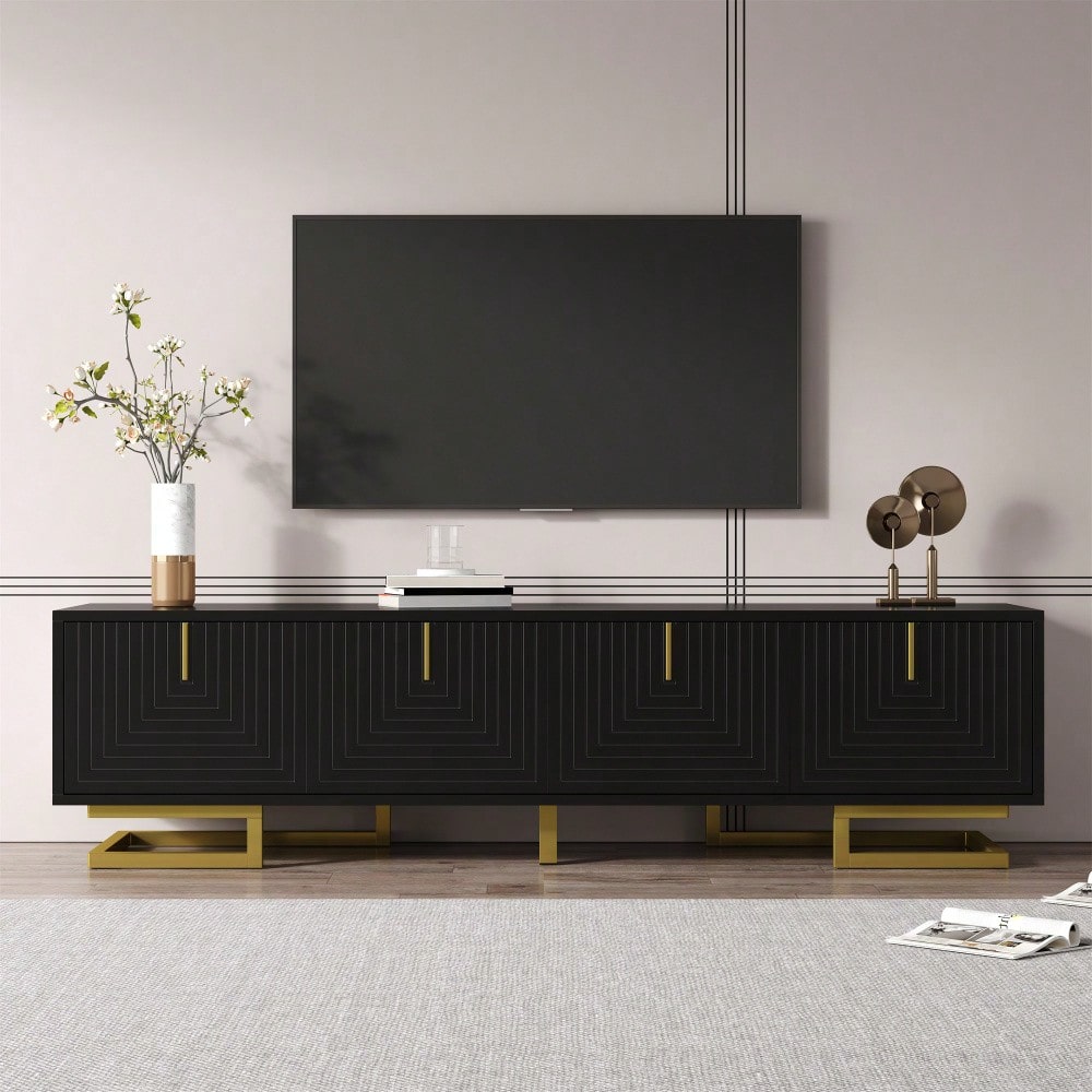 TV-Schrank, Lowboard mit strukturierten Türen, TV-Möbel, goldene Griffe und goldene Beine