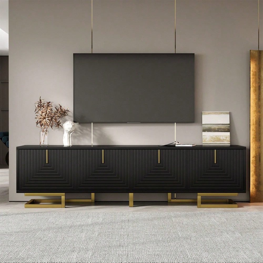 TV-Schrank, Lowboard mit strukturierten Türen, TV-Möbel, goldene Griffe und goldene Beine