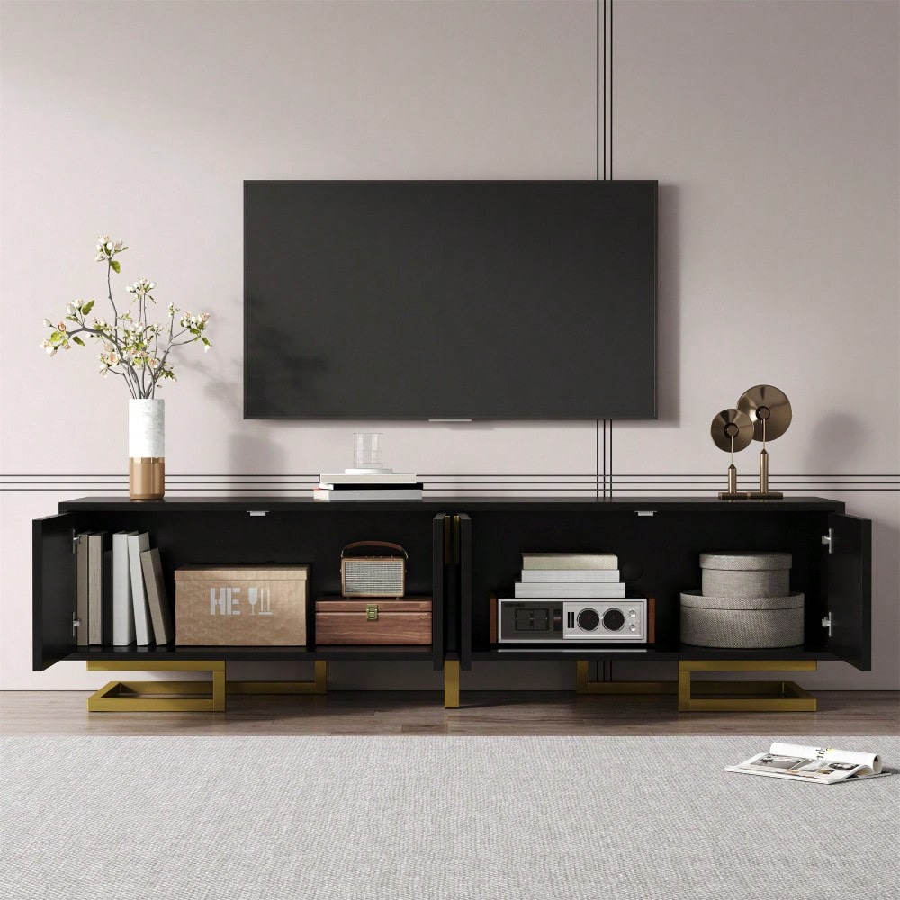 TV-Schrank, Lowboard mit strukturierten Türen, TV-Möbel, goldene Griffe und goldene Beine