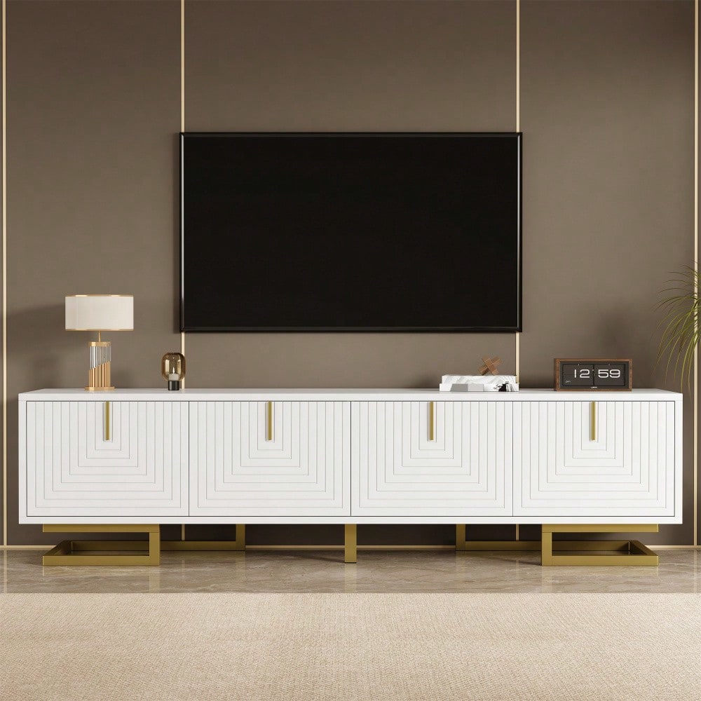 TV-Schrank, Lowboard mit strukturierten Türen, TV-Möbel, goldene Griffe und goldene Beine