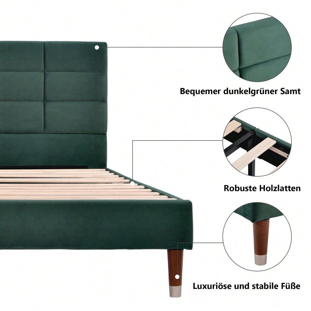 Polsterbett, Doppelbett mit Lattenrost, 140x200cm gepolsteres Bettgestell mit Kopfteil, in dunkelgrün Samt, für Erwachsene&Jugendliche (Mit Matratze)