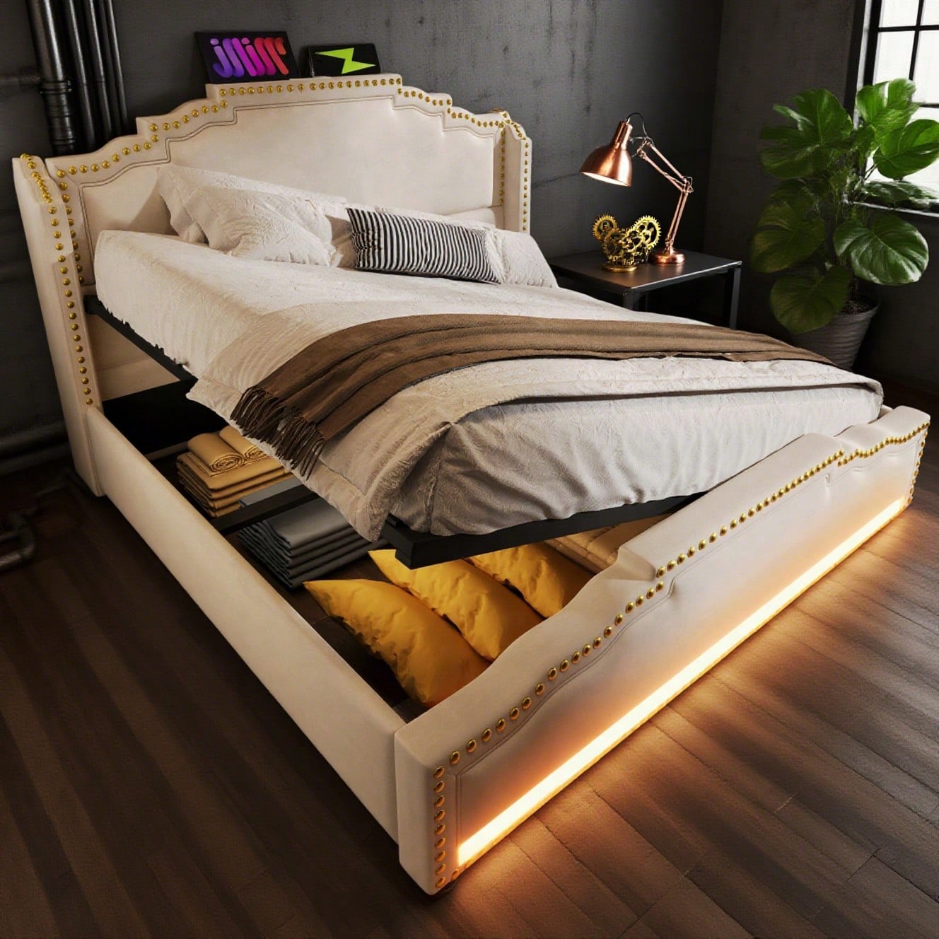 Polsterbett 140x200, Doppelbett mit hydraulischem Stauraum, LED-Beleuchtung und USB-C-Ladeanschluss, Stauraumbett und Jugendbett mit Lattenrost, Samt, Beige, Mit Matratze