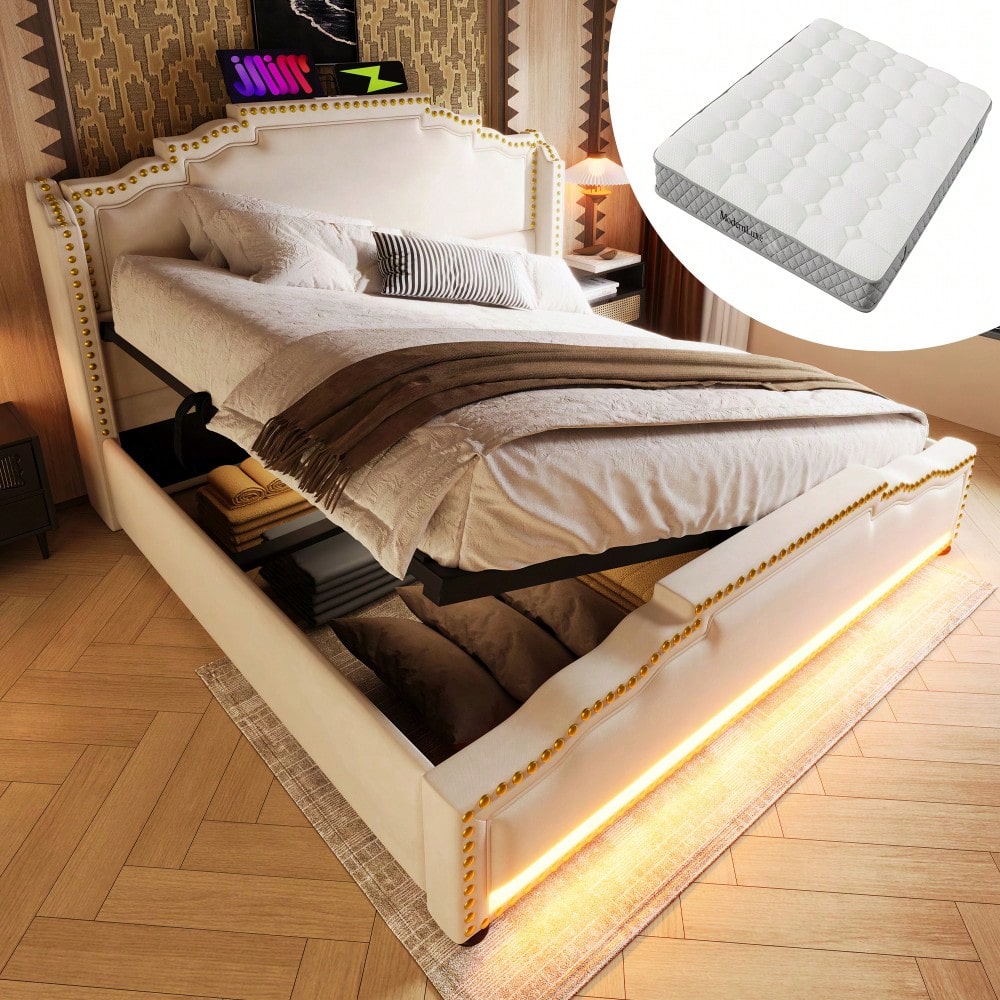 Polsterbett 140x200, Doppelbett mit hydraulischem Stauraum, LED-Beleuchtung und USB-C-Ladeanschluss, Stauraumbett und Jugendbett mit Lattenrost, Samt, Beige, Mit Matratze