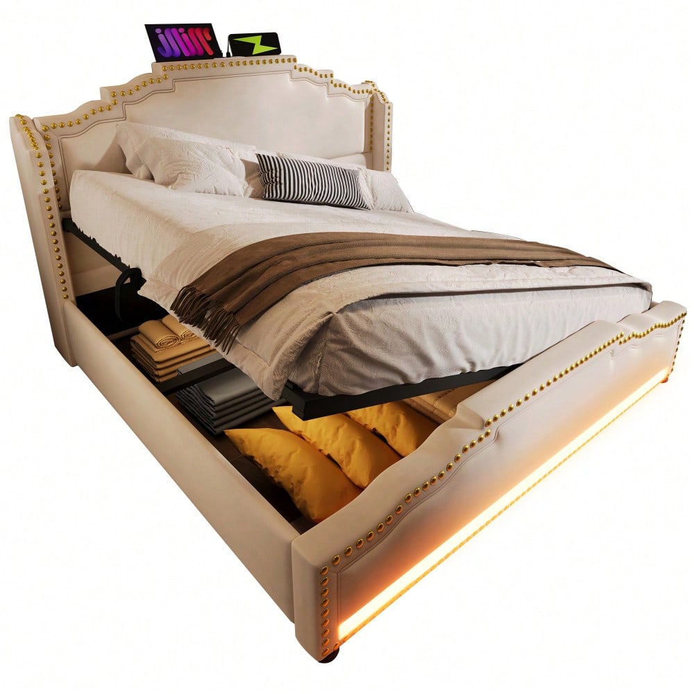 Polsterbett 140x200, Doppelbett mit hydraulischem Stauraum, LED-Beleuchtung und USB-C-Ladeanschluss, Stauraumbett und Jugendbett mit Lattenrost, Samt, Beige, Mit Matratze