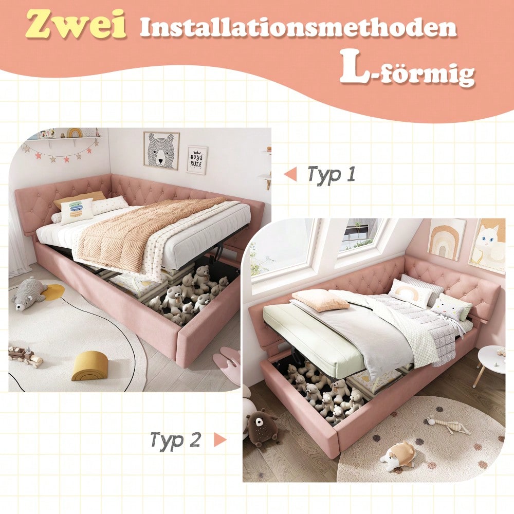 Polsterbett Tagesbett Daybett 90x190cm, Schlafsofa mit hydraulischem Stauraum, Kinderbett Jugendbett Bettgestell mit Lattenrost aus Holz, Samt, Rosa, ohne Matratze.