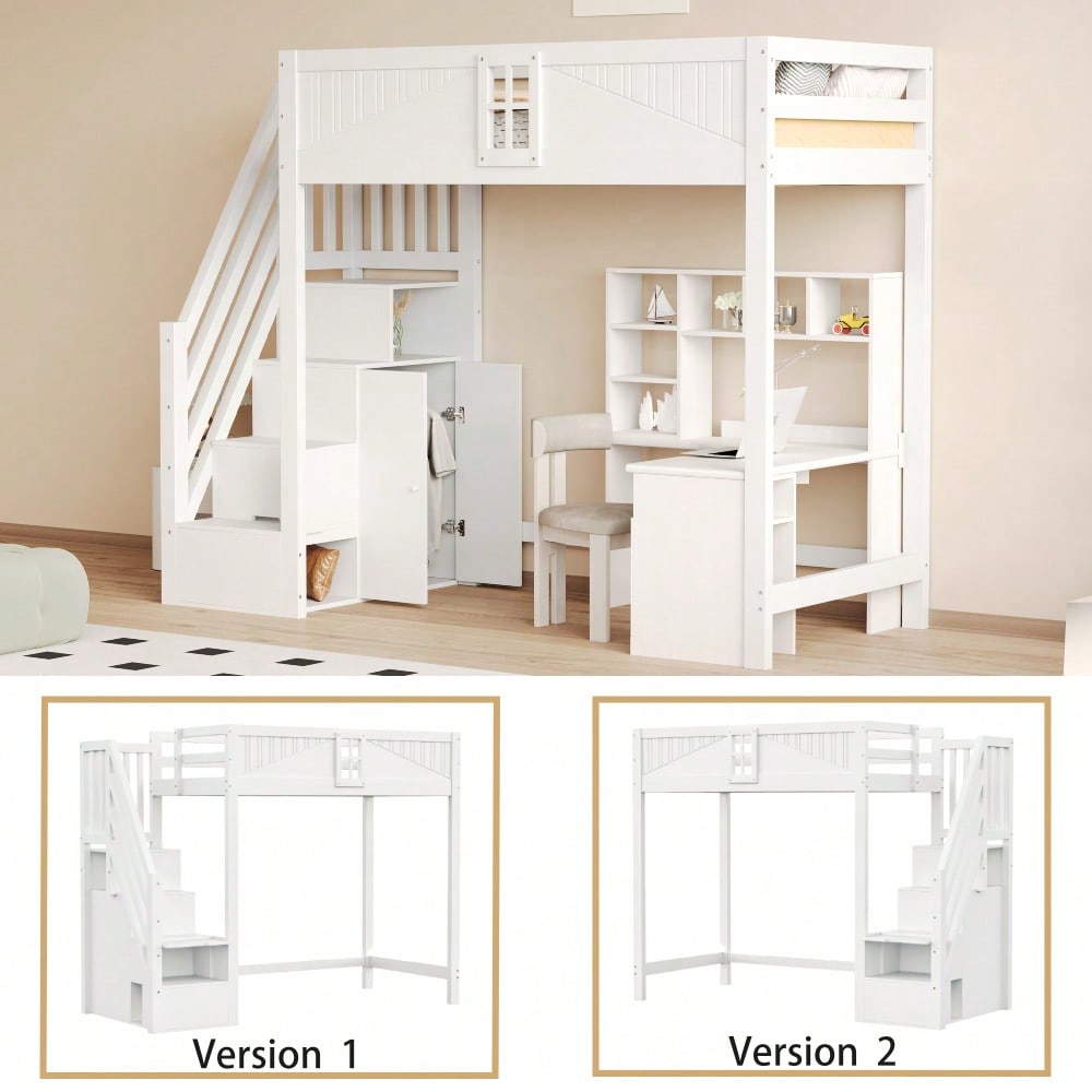 Massivholz-Hochbett 90 x 200 cm, Einzigartige Sicherheitstür mit Fenster, Seitliche Ablage-Sicherheitsleiter Links und Rechts Austauschbar, Multifunktionsbett, Weiß