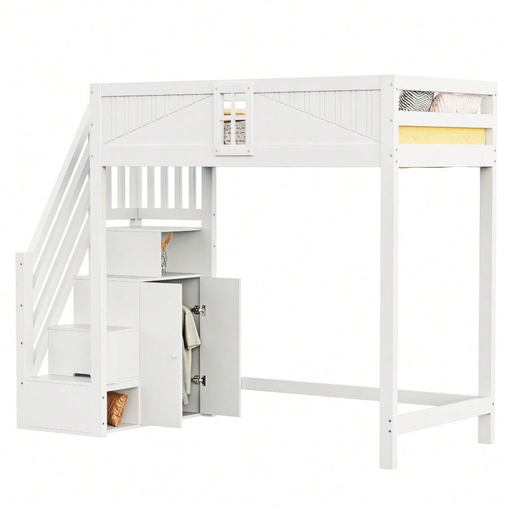Massivholz-Hochbett 90 x 200 cm, Einzigartige Sicherheitstür mit Fenster, Seitliche Ablage-Sicherheitsleiter Links und Rechts Austauschbar, Multifunktionsbett, Weiß