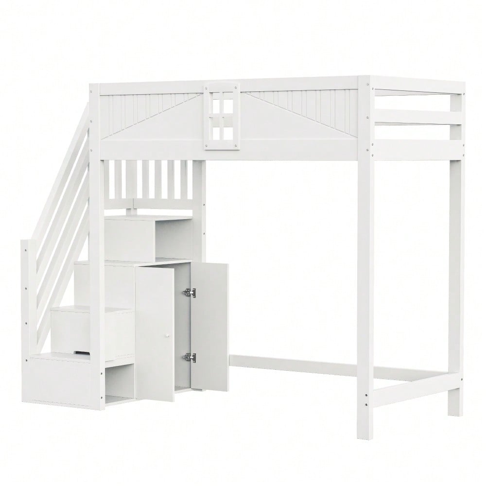 Massivholz-Hochbett 90 x 200 cm, Einzigartige Sicherheitstür mit Fenster, Seitliche Ablage-Sicherheitsleiter Links und Rechts Austauschbar, Multifunktionsbett, Weiß
