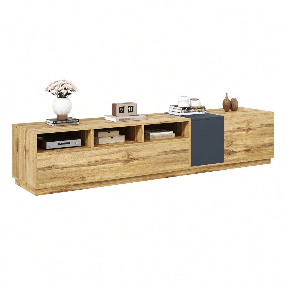 Ein moderner TV-Ständer in Kontrastfarben. Mit schlichtem, kontrastreichem Design. Mit offenen Fächern und Kabelöffnungen. 200 cm