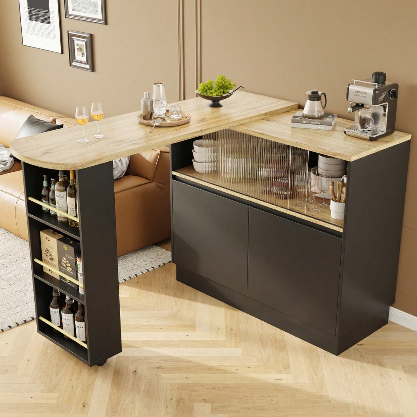 (N620P20771617S)Um 360° drehbare Essbar (Hauptkörper 90 x 45 x 100 cm), modernes, einfaches, multifunktionales, drehbares Sideboard mit Ablageflächen und Glas, geeignet für Küchen und Restaurants